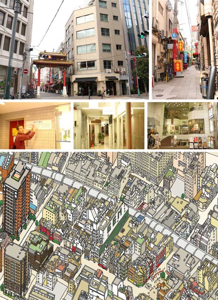 うなぎの寝床のような区画に建つ「ジェムビル」（鳥瞰図画面中央）。元町１番街から神戸南京町へ通り抜けることのできる唯一のビル。（みなと神戸バーズアイマップ2017）