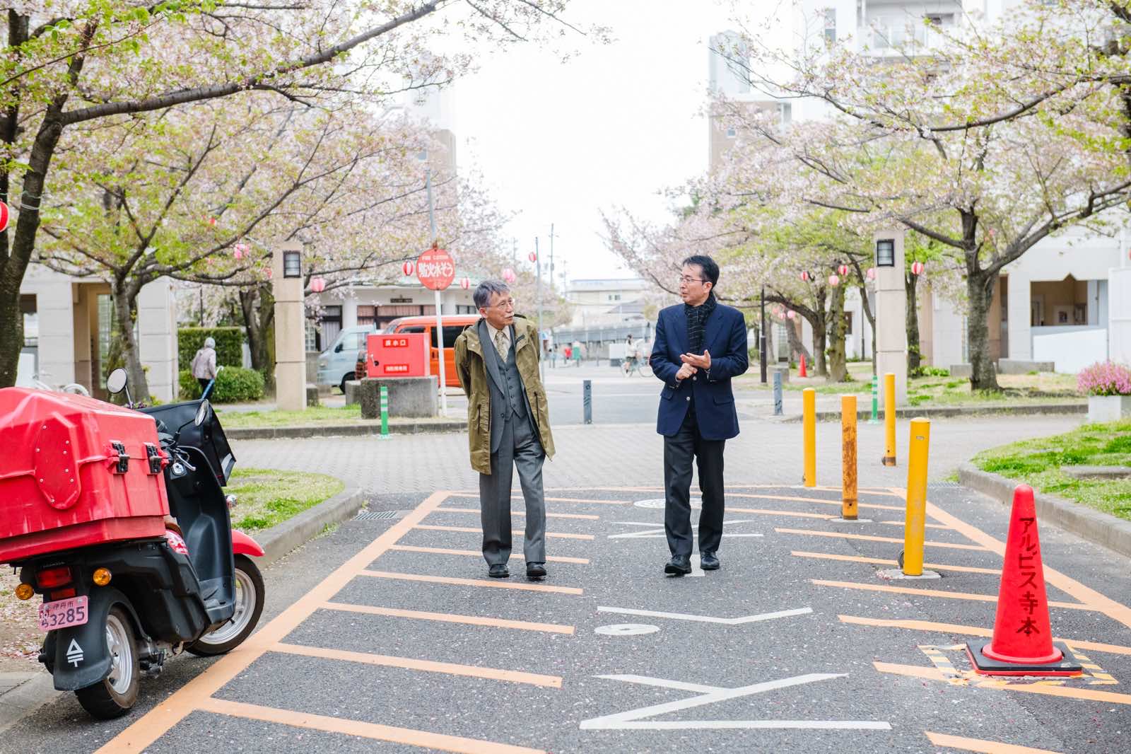 桜並木を歩く網野さんと現役の社員さん